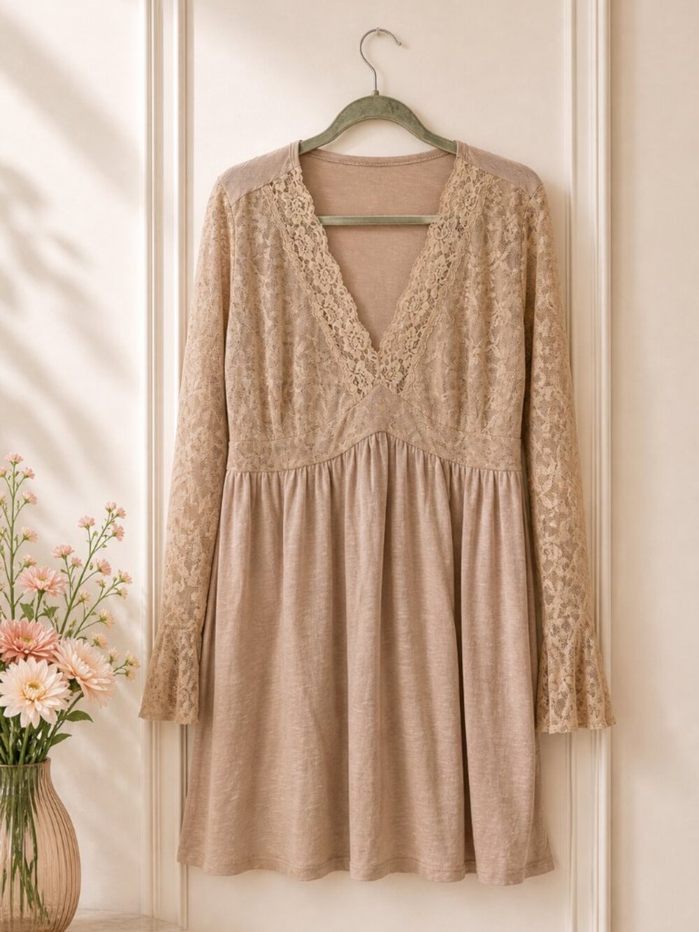 Cupshe Taupe Lace V-Neck Babydoll Dress NWT Size XL Boho Romantic